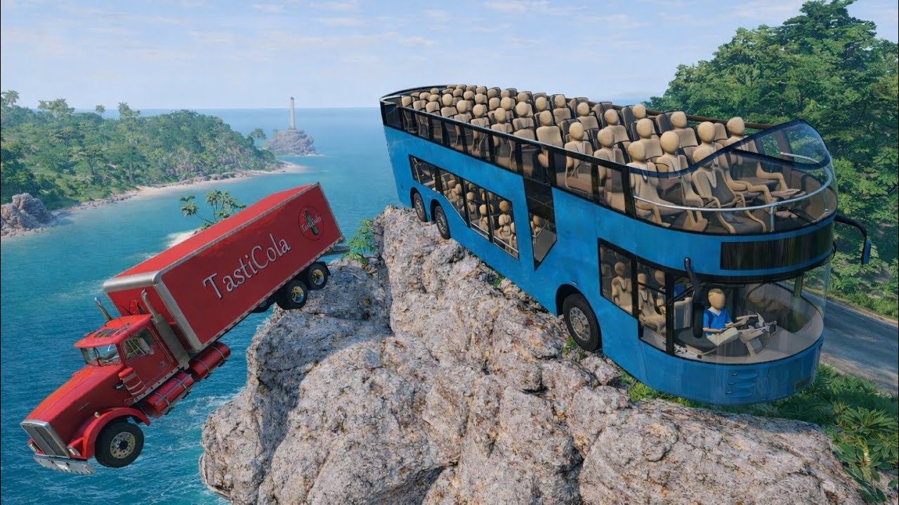 BeamNG.drive School Bus Crash Test 😱 | Extreme Cliff Fall Accident 🔥| bus driver's mistake  #128
