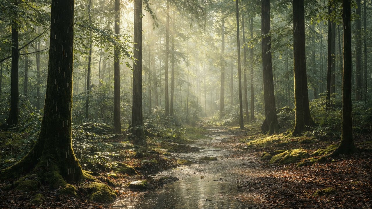 Quiet Rain in a Sunlit Forest | Static Nature Wallpaper for Deep Calm (4K)