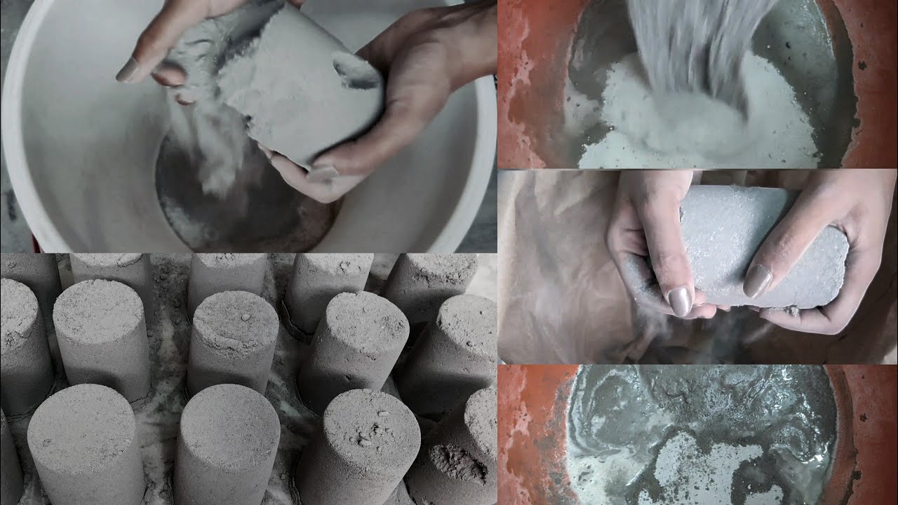 ASMR Very Soft White and Grey Cement Crumbling In Bucket, On Paper, Pouring in Water, Mixing