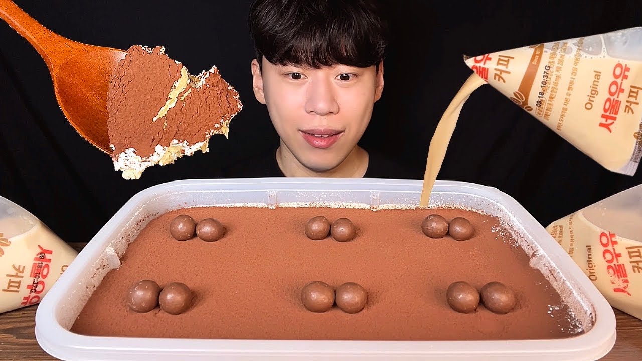 SUB) Корейский торт тирамису с шоу поедания кофе с молоком│korean cake with milk mukbang asmr