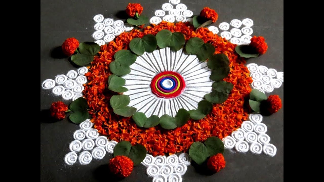 Dasra Rangoli Using Marigold Flower And Apta Leaves - Dussehra Kolam - Navratri /Vijayadashami Kolam