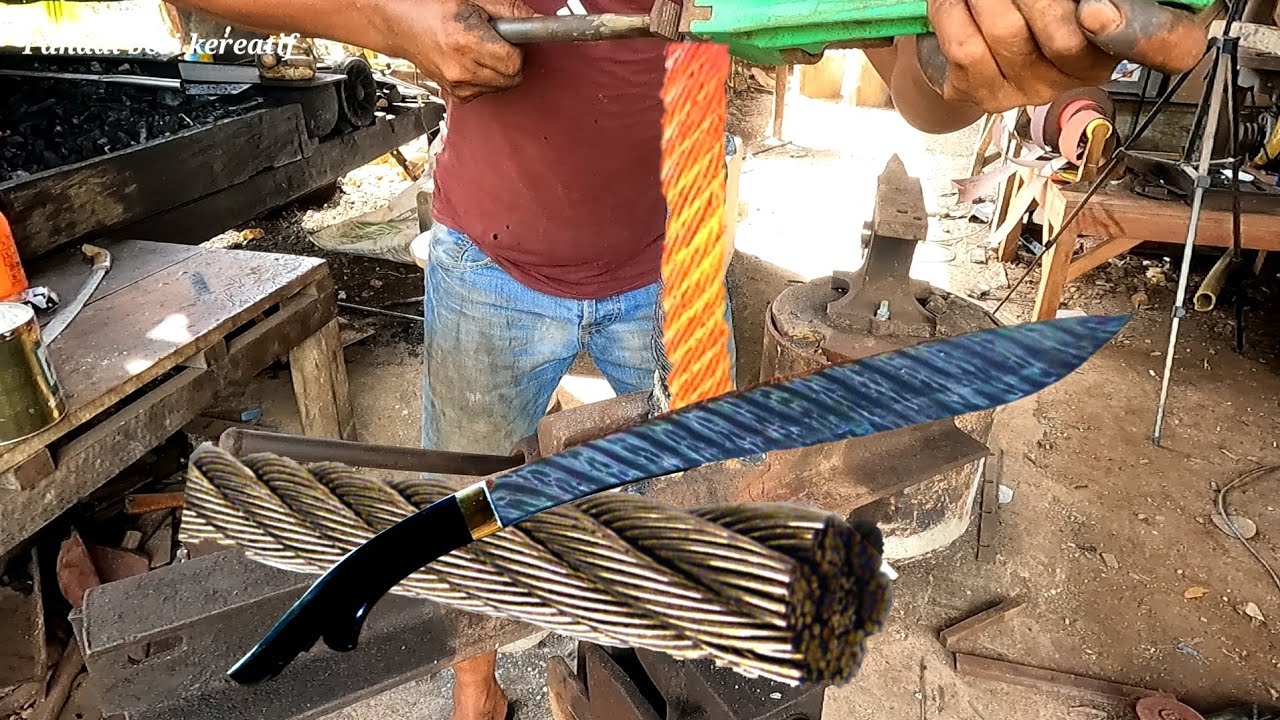 proses pnempaan golok baja damascus dari bahan baja seling & membuat gagang golok dari tanduk kerbau