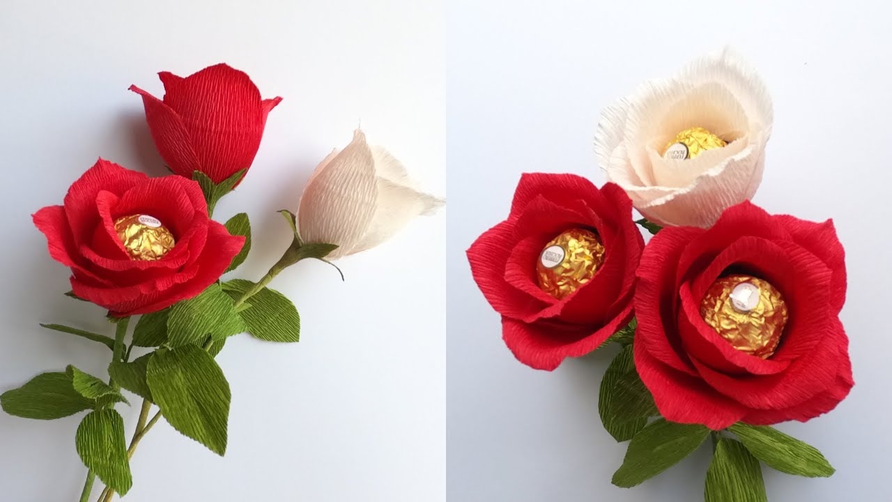How to Make Chocolate Rose From Crepe Paper - 纸艺巧克力玫瑰花 - 纸玫瑰花与巧克力