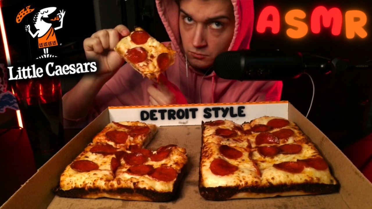 ASMR Eating Little Caesars Detroit Style Deep Dish Pepperoni Pizza For The First Time Mukbang