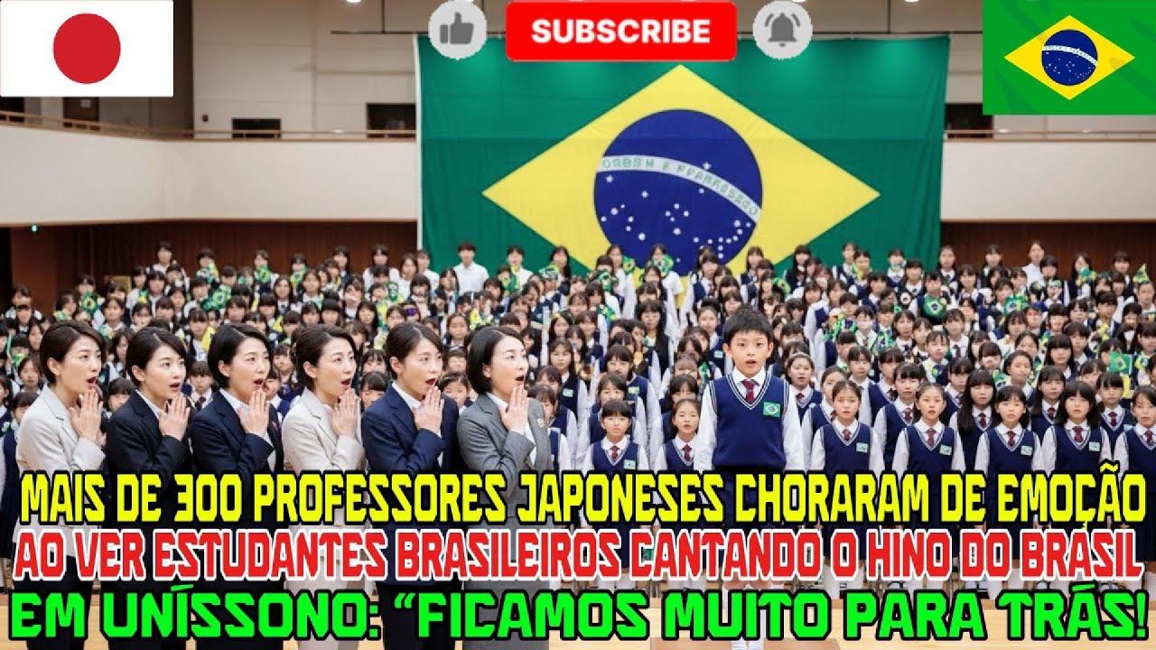 Professores japoneses emocionados ao ver alunos brasileiros cantando o hino