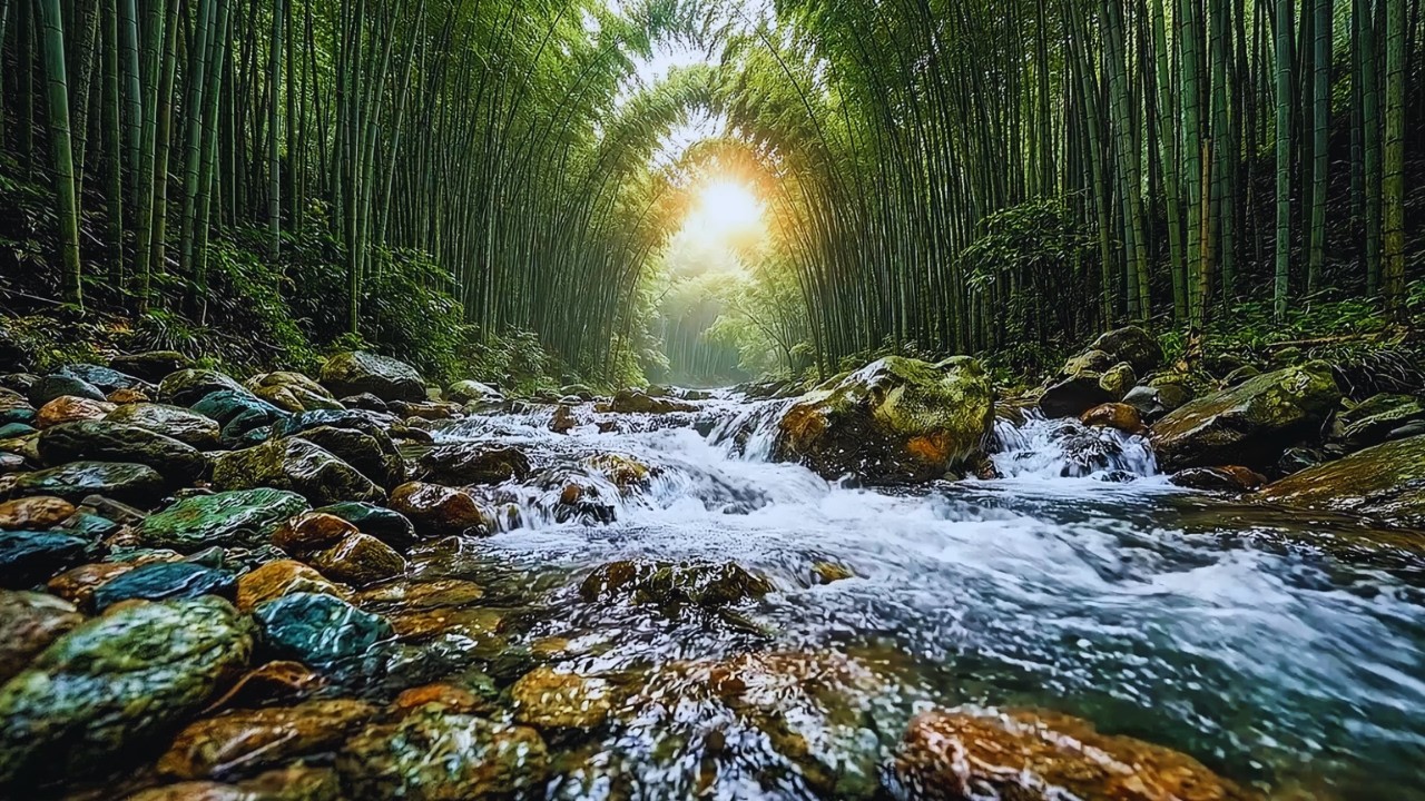 Golden Bamboo Forest River Sounds with Relaxing Music for Deep Sleep & Stress Relief (2 Hours)