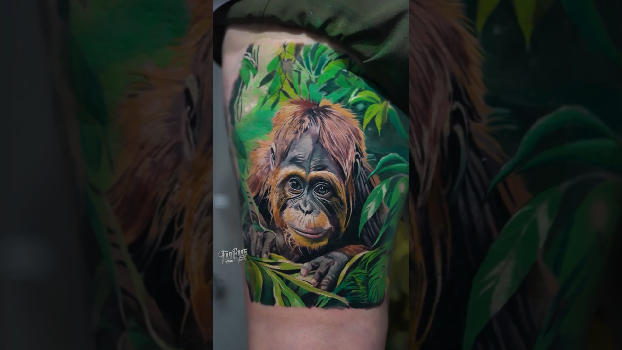 This hyper-realistic orangutan piece has pure photo-level detail🔥 #twogunstattoobali