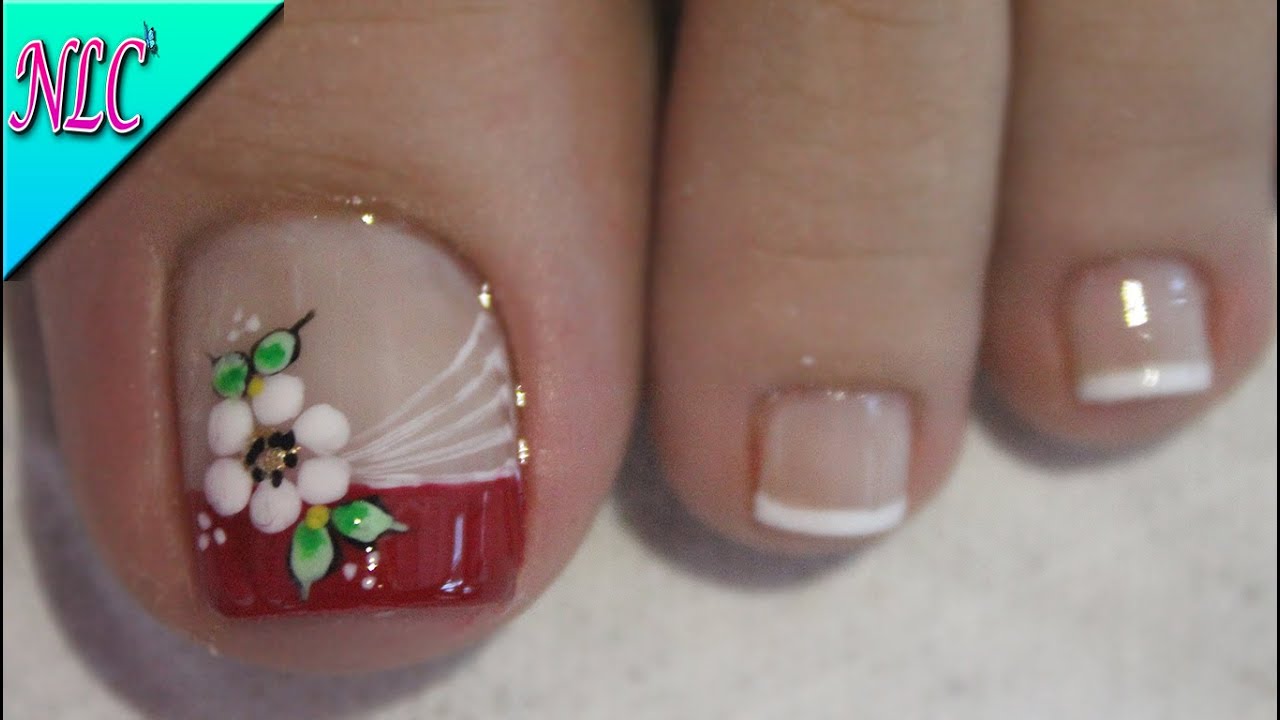 DISEÑO DE UÑAS PARA PIES FLOR Y FRANCÉS ROJO Y BLANCO ¡FÁCIL! - FLOWERS NAIL ART - FRENCH NAIL ART