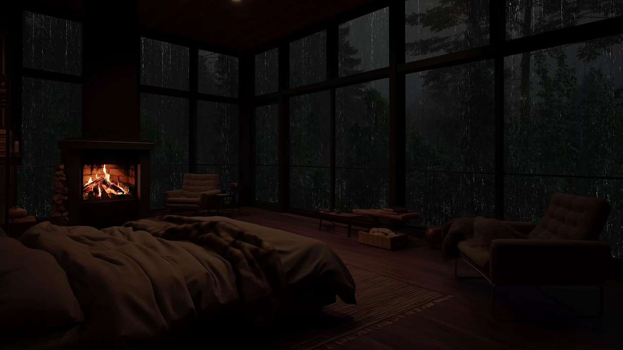 Cabana aconchegante com lareira e sons relaxantes de chuva para relaxar profundamente