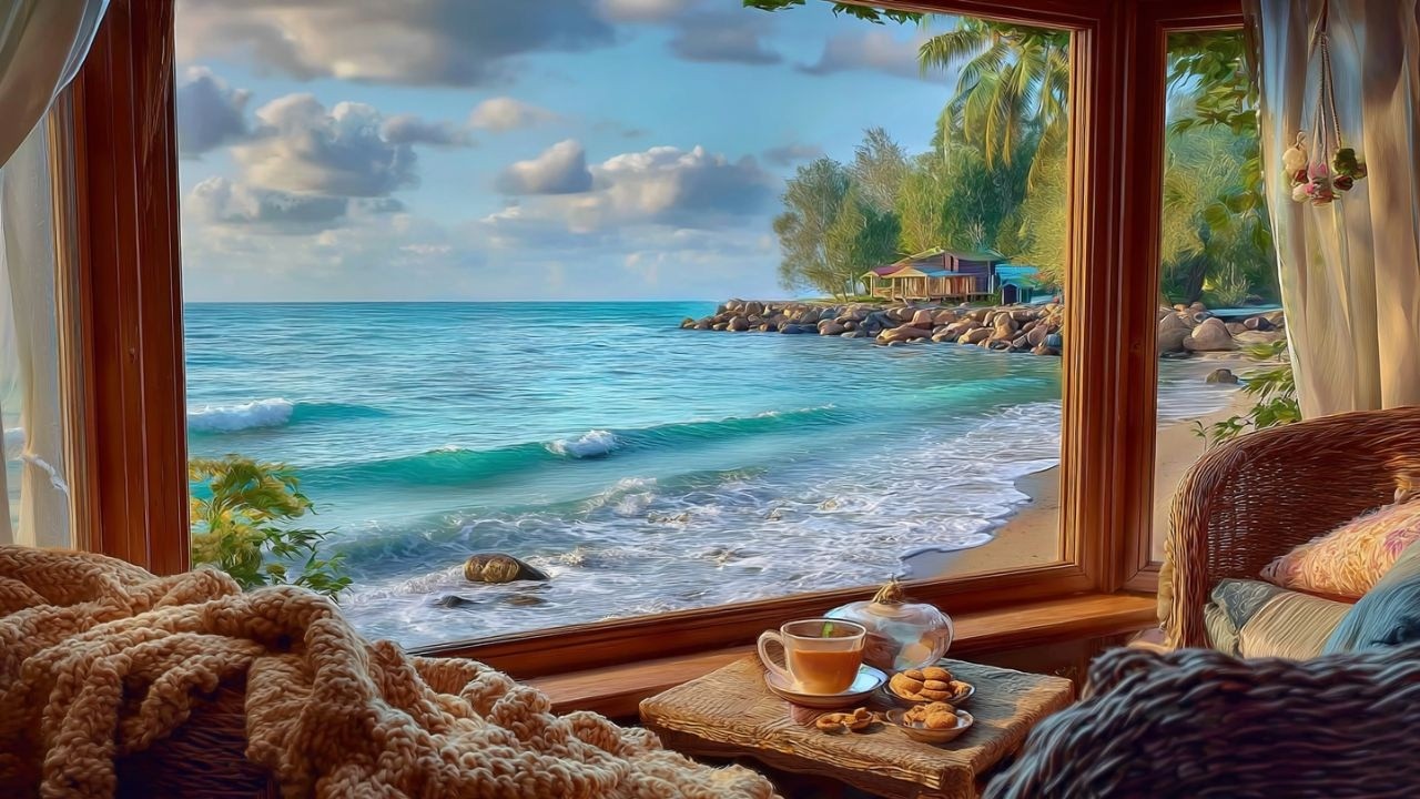 Cozy Beach Window Morning 🌊 Acoustic Guitar & Gentle Ocean Waves for Relaxation & Focus
