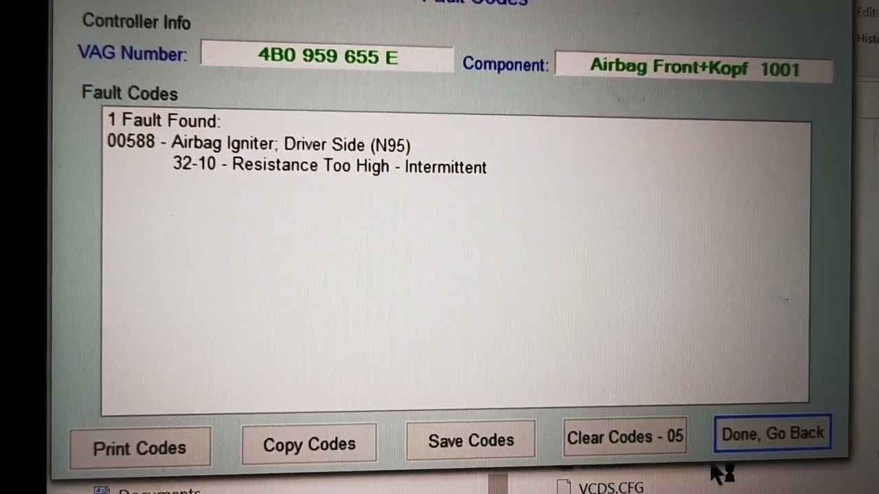 00588 Airbag igniter driver side (N95) resistance too high