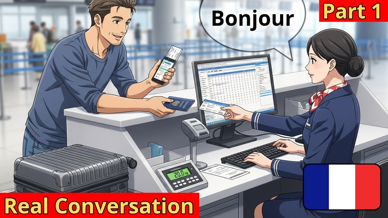 10 Short French Conversations: Checking In At The Airport #1 | French for Beginners | A2-B1