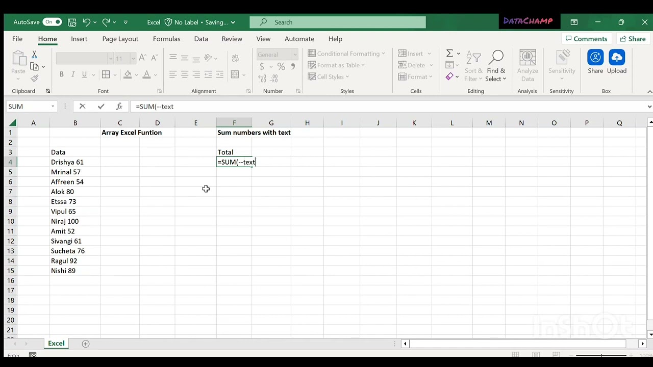 How to sum numbers with string or text (Alphanumeric) in Excel
