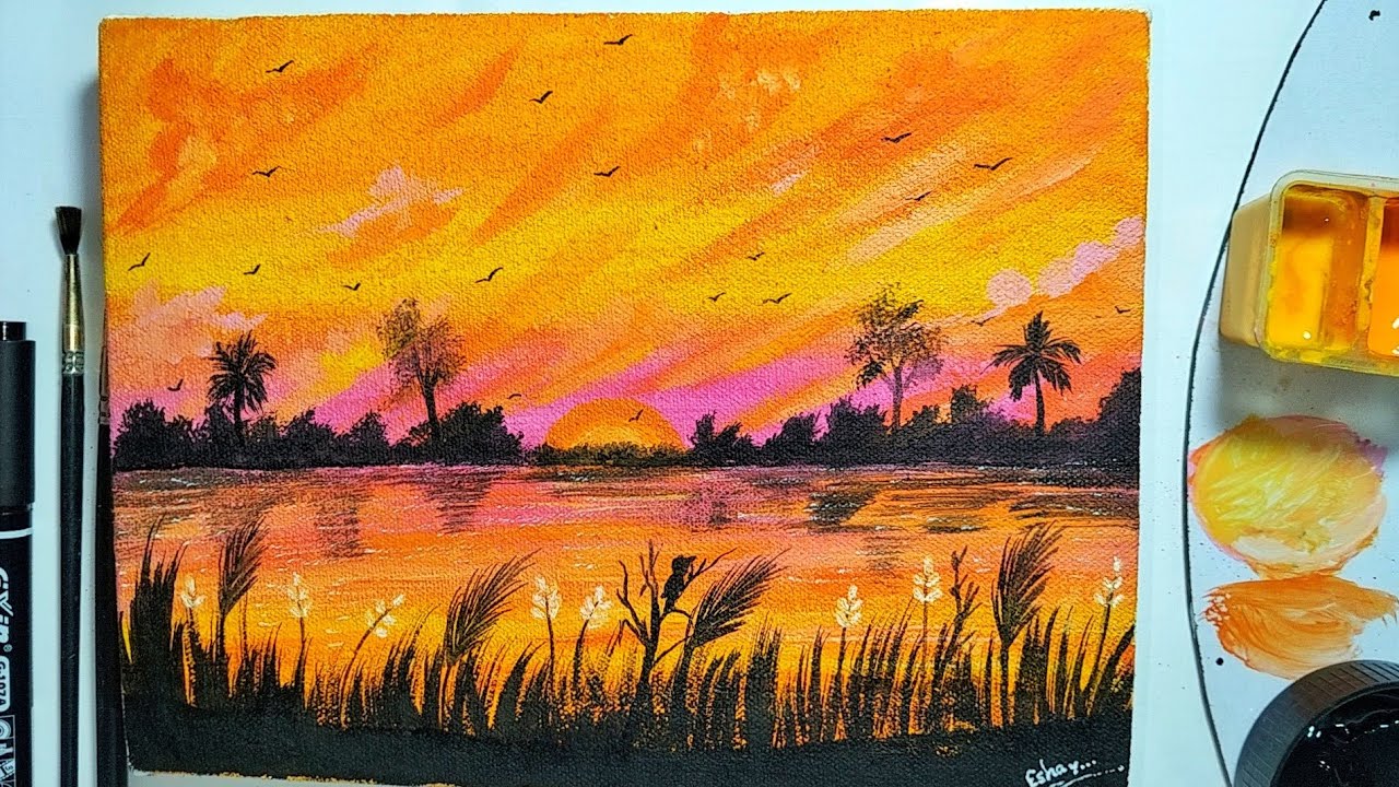 Easy sunset painting on canvas. Sunset scenery painting for beginners.Esha's Art's.