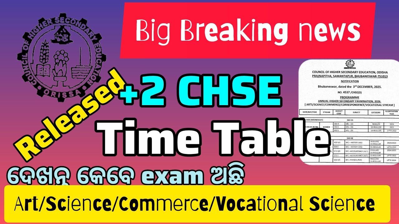 CHSE +2 Time Table 2026 Released | Arts/Science/Commerce Full Exam Schedule #timetable #chseodisha