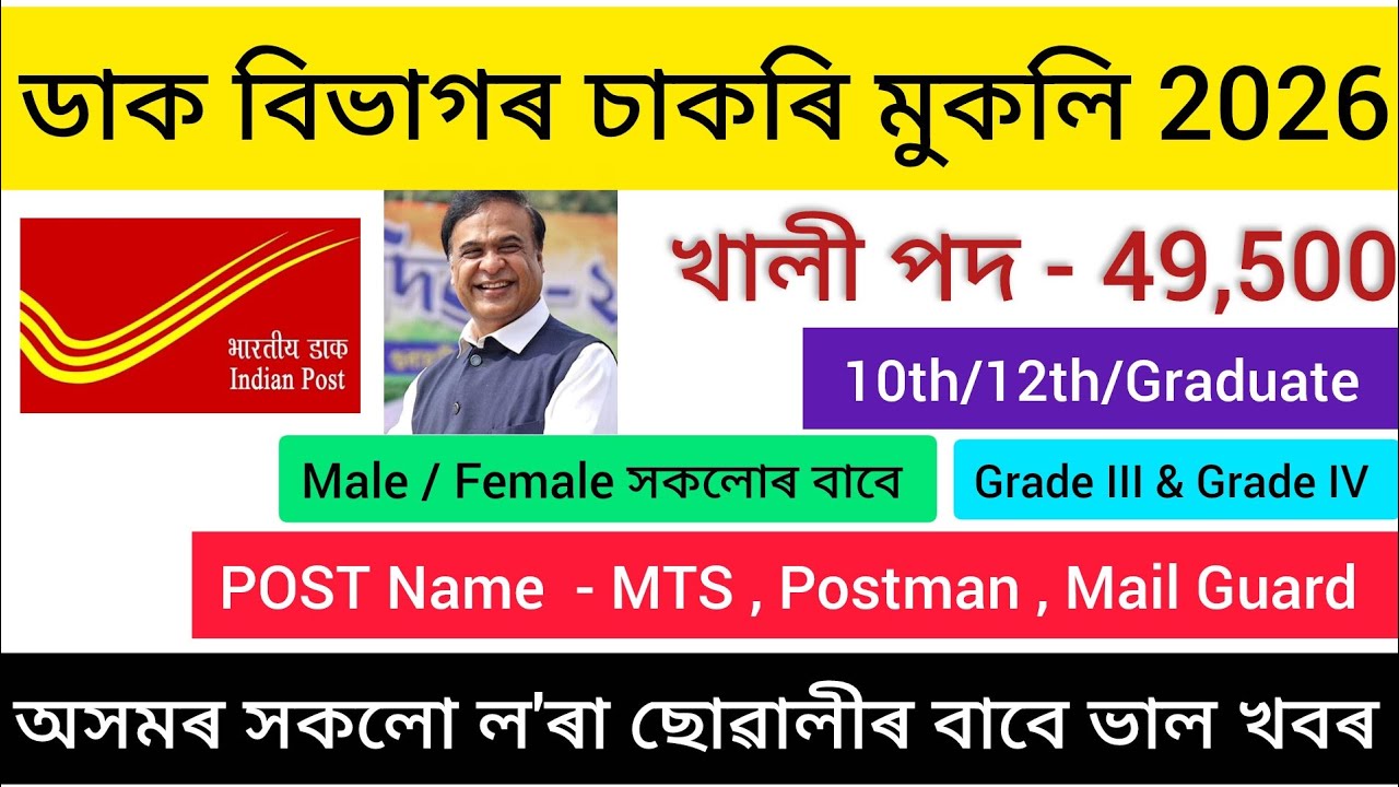 ডাক বিভাগৰ চাকৰি ২০২৬ / Post office New recruitment 2026 / Jobs in Assam / New Vacancy   Assam Govt 