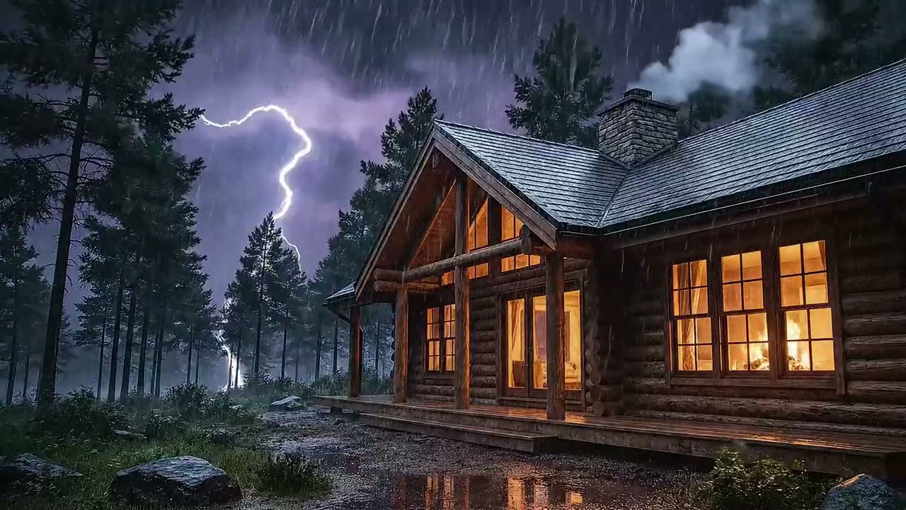 Cozy Cabin Fireplace with Gentle Thunderstorm | Rain - Relaxing Sleep & Study Sounds