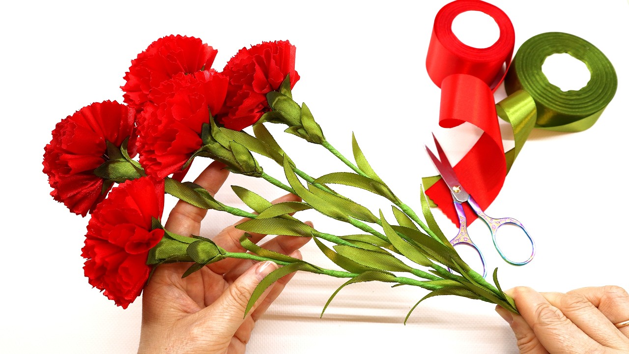 Реалистичные цветы из атласной ленты 🌸 Цветы Гвоздики своими руками