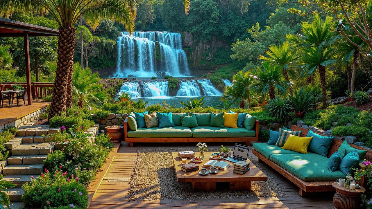 Serene Waterfall Villa Coffee Jazz - Smooth Nature Lounge with Forest Nature Ambience for Calm