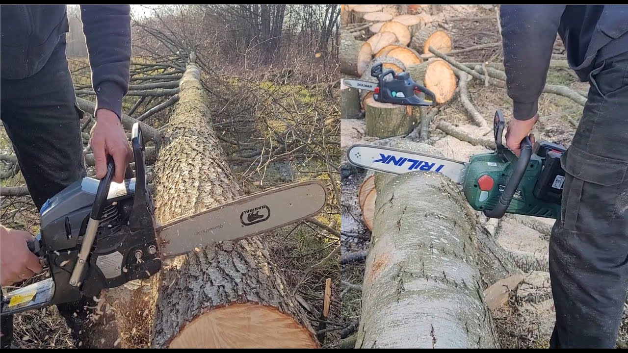 Piła spalinowa kontra elektryki! Lehmann (obecnie Daewoo DACS 4500) vs Stervins, Parkside 40-LI B2.