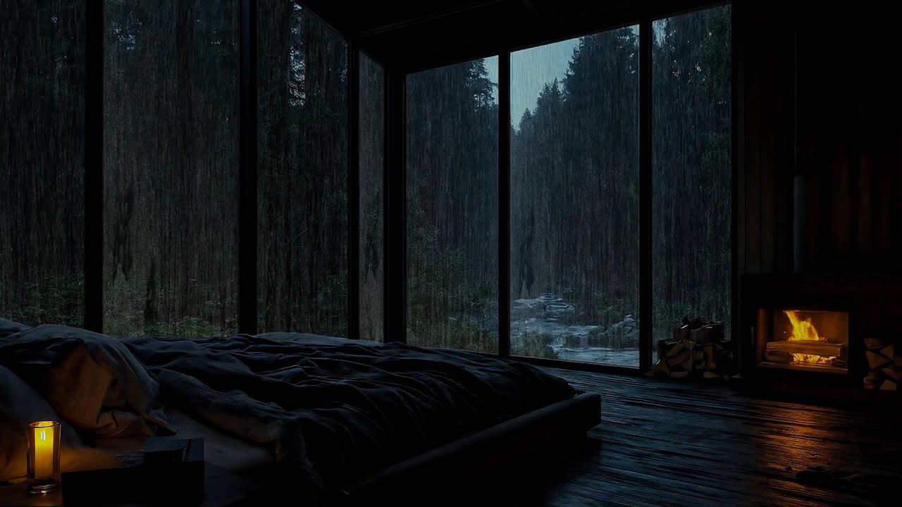 Cold Rain in a Forest 🌲💦 5 Hours of Glass Bedroom & Crackling Fire ASMR to Relieve Stress & Sleep