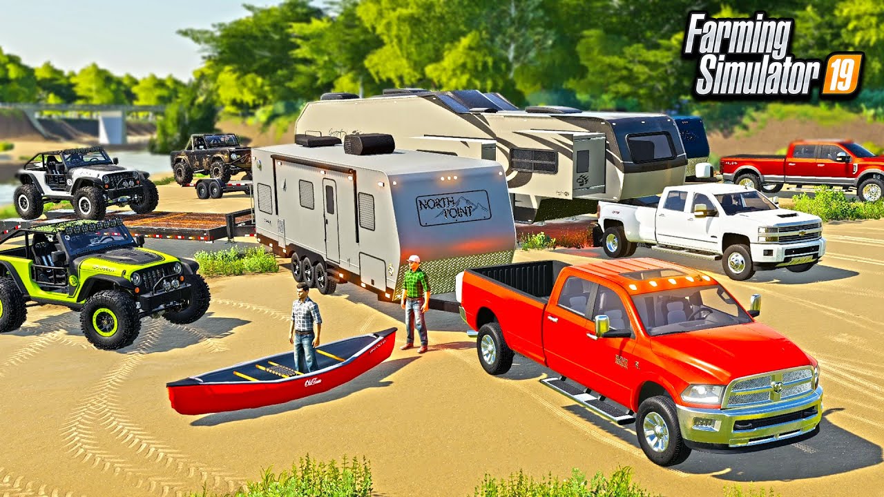 SUMMER RIVER CAMPING &  4X4 MUDDING! (700HP TRAILCAT JEEP!) | FARMING SIMULATOR 2019