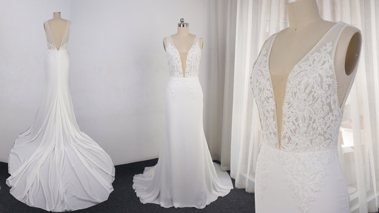 Deep V Neckline Wedding Dress Sheath Chiffon Lace Elegant Bridal Gown