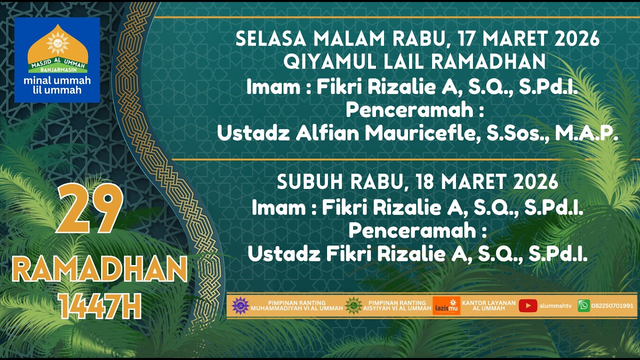 🔴LIVE | Sholat Tarawih Malam 29 Ramadhan 1447H | Ustadz Fikri Rizalie A, S.Q., S.Pd.I. |