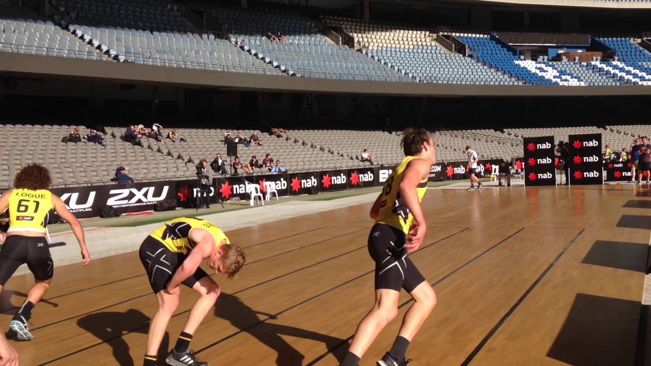 Eagles' Brennan Cox finishes the Beep Test at the AFL Combine