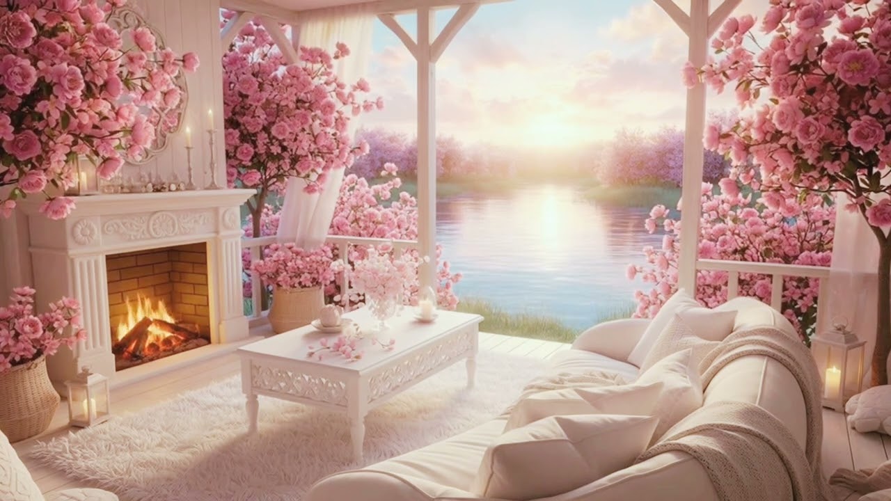 Serene Blossom Cabin by the Lake 🌷🌺 Soft Piano & Cozy Ambience for Relaxation