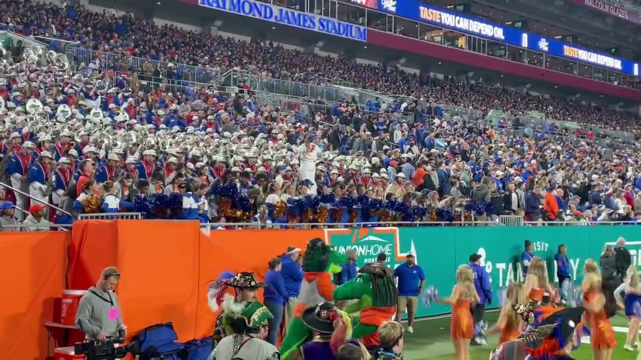 The University of Florida Gator Marching Band play Trumpet Charge on offense.
