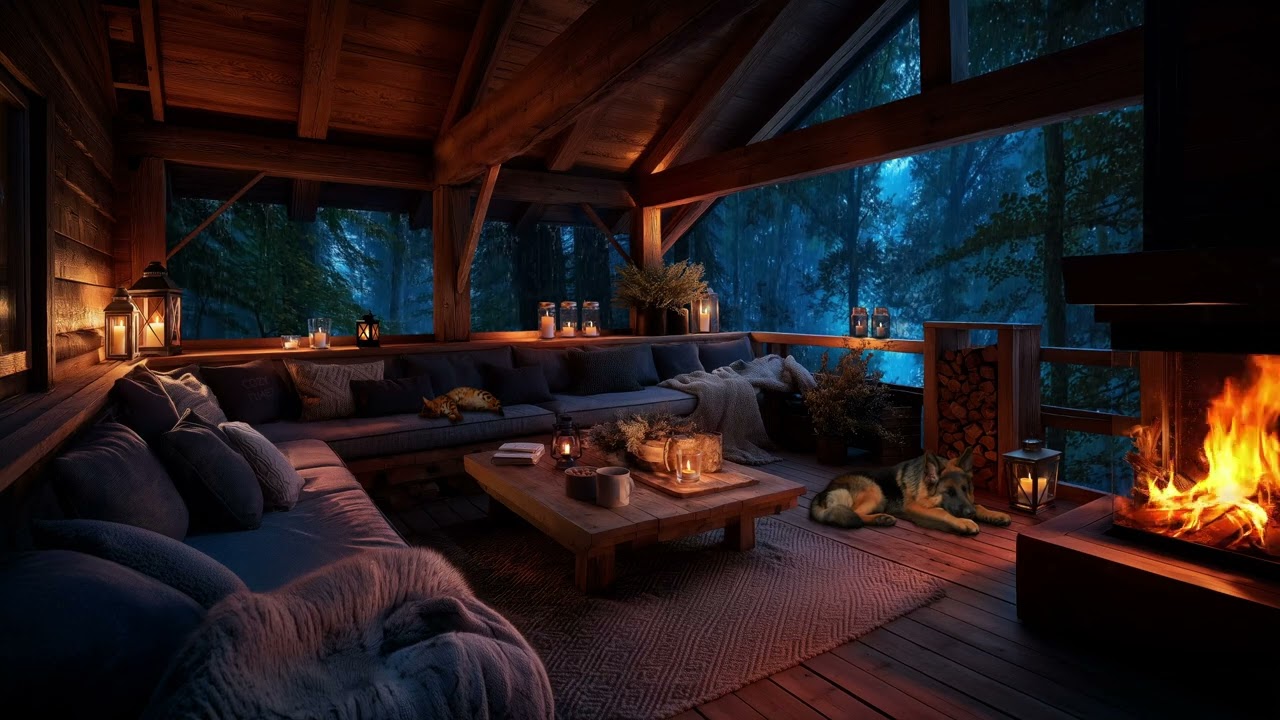 Rain on Forest Balcony with Fireplace | Cozy Evening Ambience, Sleeping Pets & Coffee