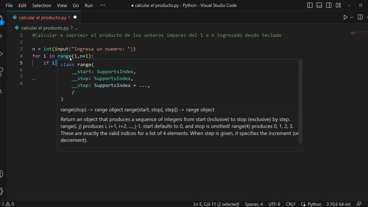Calcular e imprimir el producto de los enteros impares del 1 a n ingresado desde teclado Python