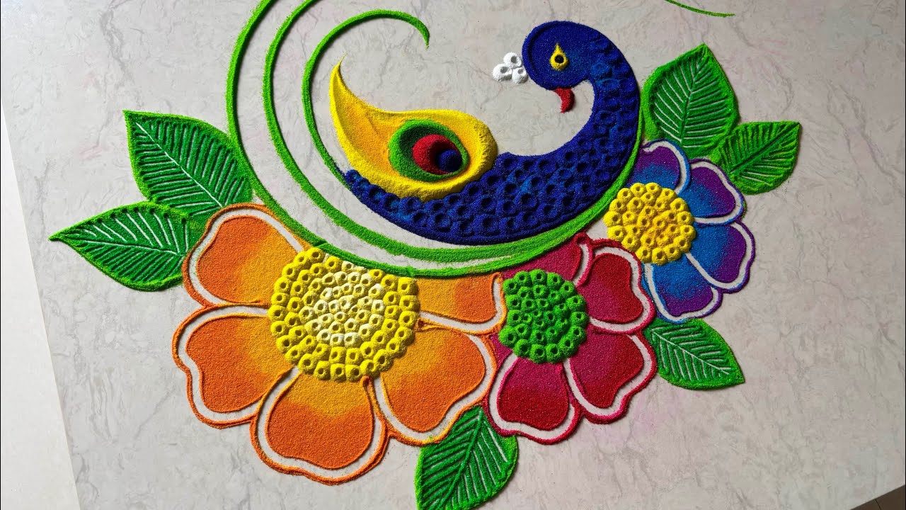 Flower peacock rangoli designs/ navratri rangoli/ diwali rangoli/ satisfying video 