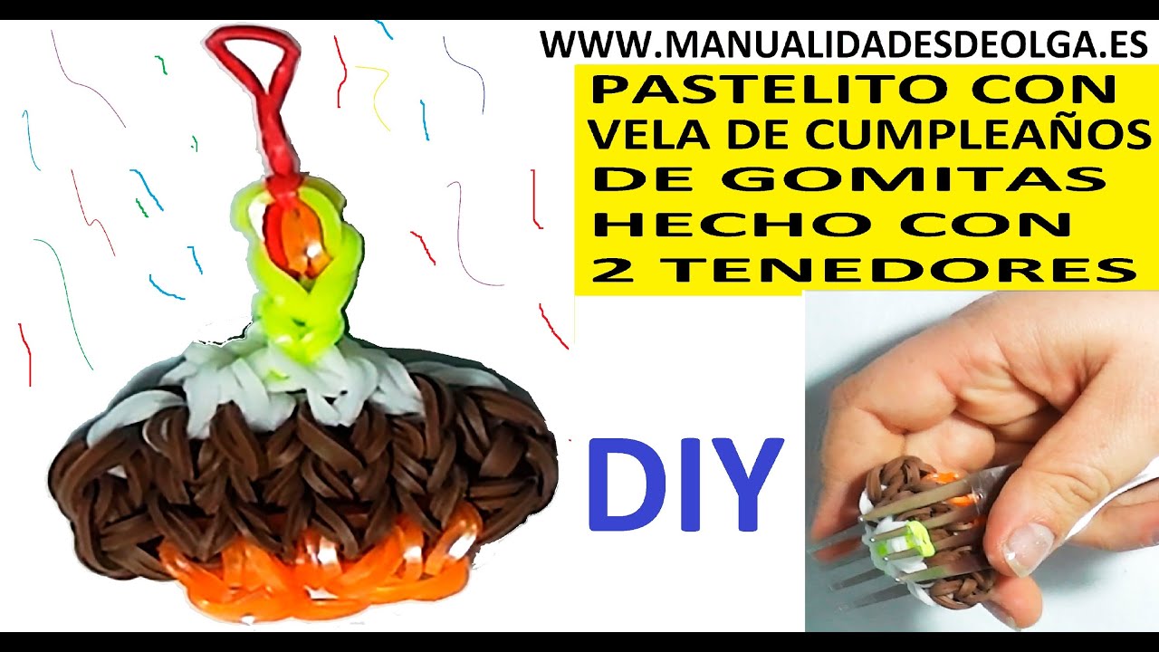 COMO HACER UN PASTELITO DE CUMPLEAÑOS DE GOMITAS (LIGAS) (CUPCAKE CHARMS) CON DOS TENEDORES. TU...