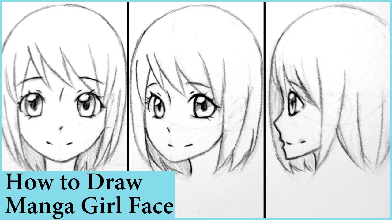 How to Draw Manga Girl Face in Front, 3/4, and Side View