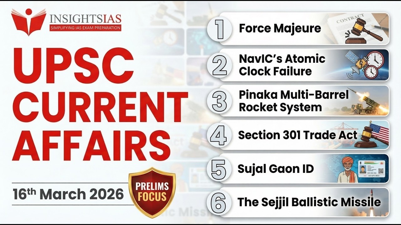 Актуальные события UPSC 16 марта 2026 г. | Форс-мажор, атомные часы NavIC, Pinaka MBRL | Предвари...