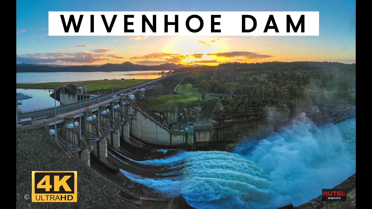 Spectacular WIVENHOE DAM - flood water release - 4K cinematic aerial drone tour footage