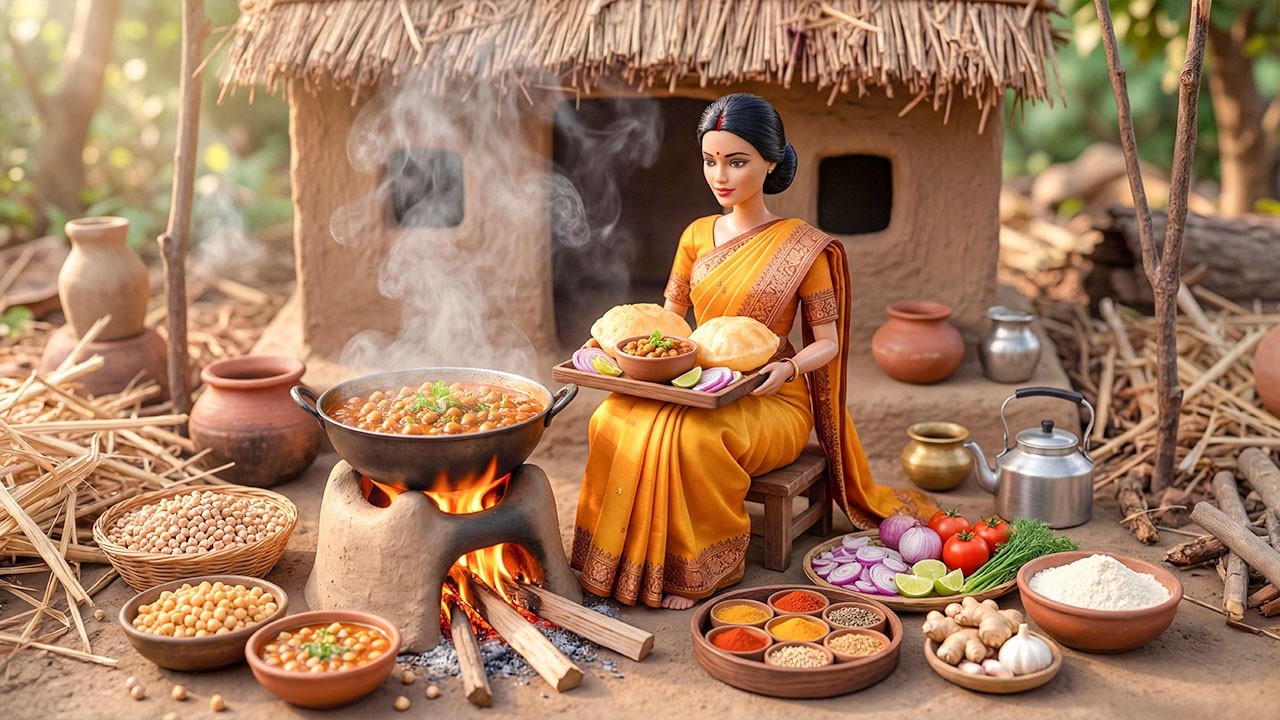 🥘🫓 Miniature Doll Chole Bhature Cooking ASMR | Indian Village Tiny Kitchen Story