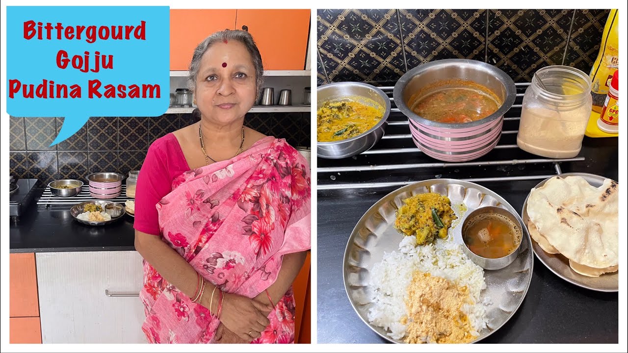 Easy Veg Lunch 5 ! Bittergourd/Karela Gojju & Pudina/Mint Rasam . South Indian !