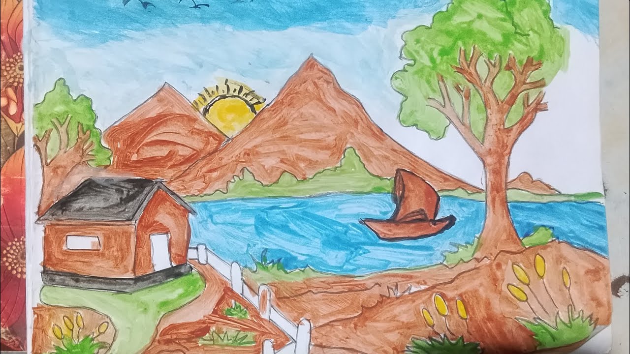 Sunset Lake Scenery Drawing Step by Step 🎨