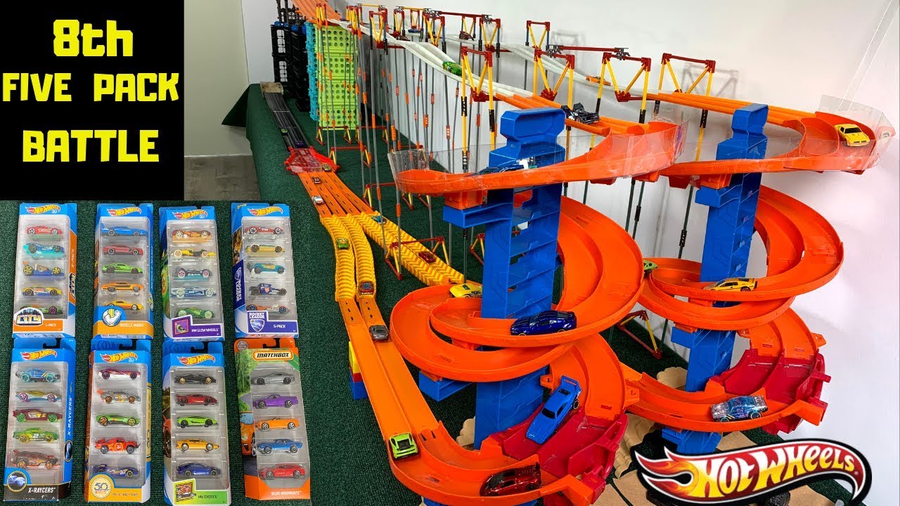Hot Wheels double spiral ramp fat track bridge merge battle of the 5 packs tournament race