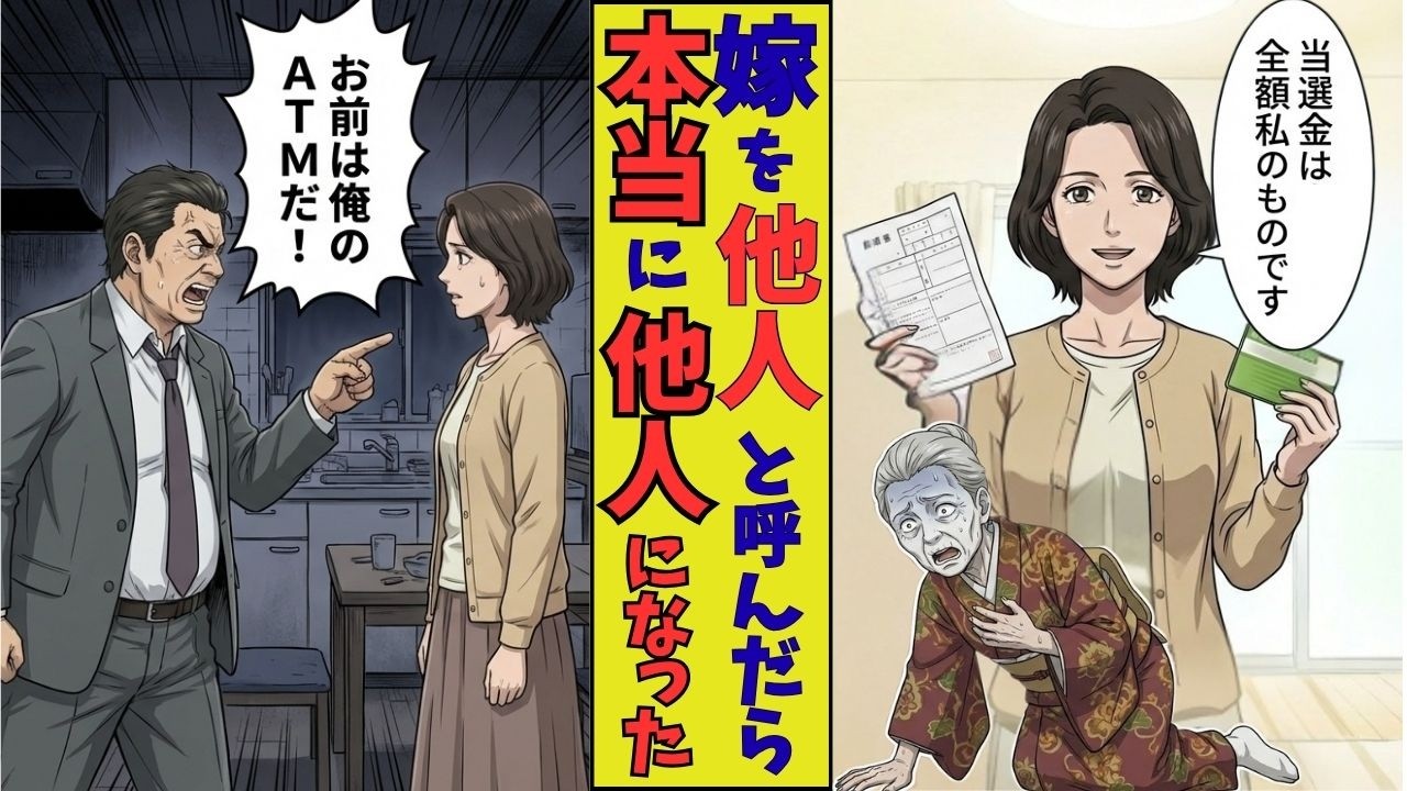 【漫画】「嫁の分はないわよｗ」私を無視して寿司を食べる義家族→翌日、宝くじで7億円当選した私は、夫に内緒で引越し準備を始めた結果、義実家が地獄絵図にｗ