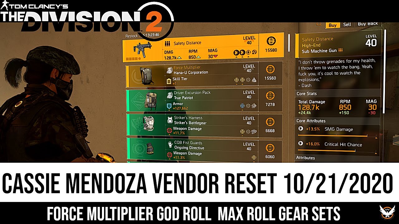 The Division 2 | Cassie Mendoza 10/21/20 Vendor Reset | God Roll Force Multiplier Max Roll Gear Sets