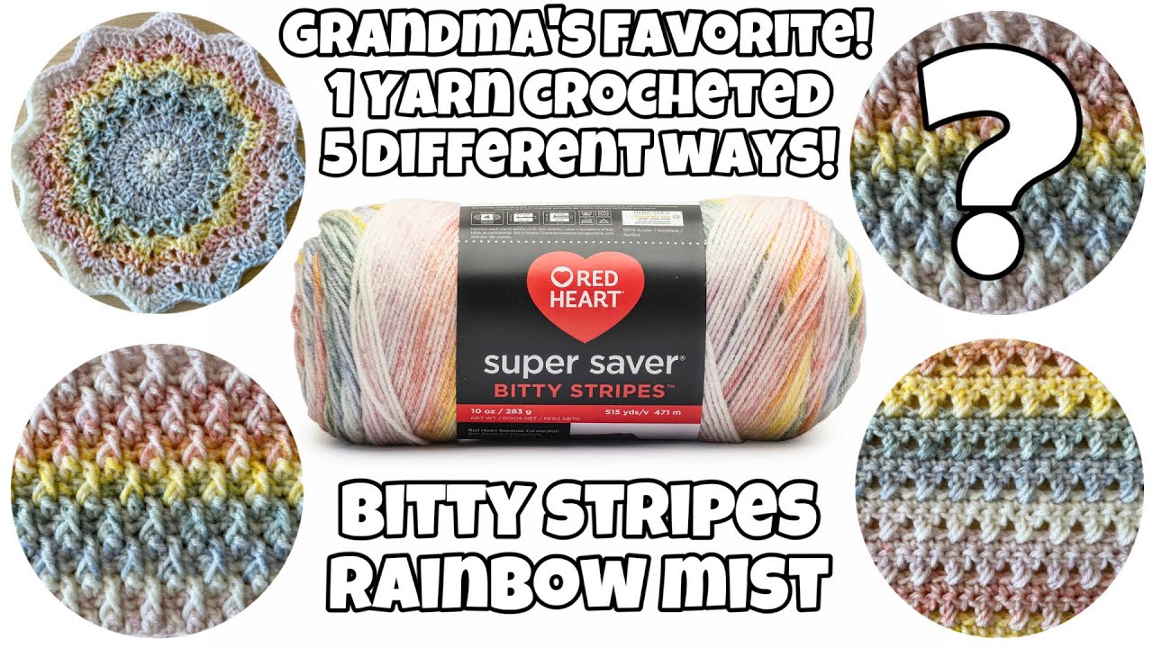 Red Heart Bitty Stripes Rainbow Mist 1 yarn 5 different ways.  Yarn swatches.  Let's Take a Look.