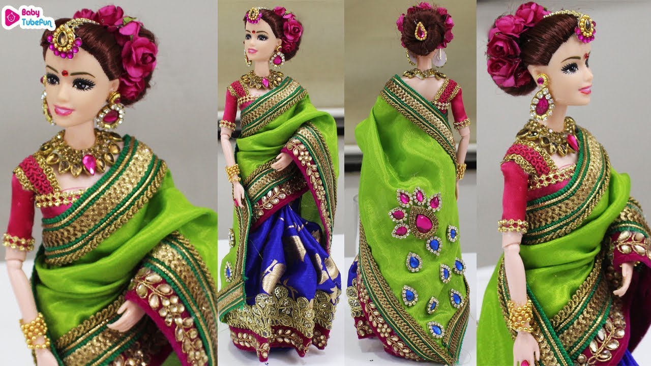 Barbie doll Mehendi Ceremony saree making, indian bridal doll dress/ jewellery, Barbie saree draping