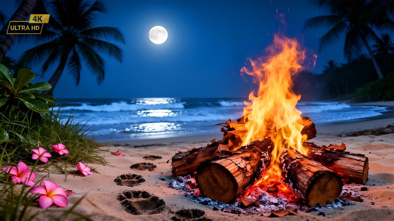 12 Hours 4K Beach Campfire ASMR 🔥 Ocean Waves & Crackling Fire Sounds Under Full Moon for Deep Sleep