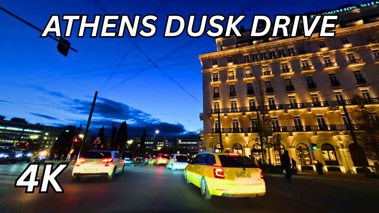 Athens 4K Dusk Drive: City Center, Lycabettus hill, Monastiraki | Soft Piano Music, No Talking