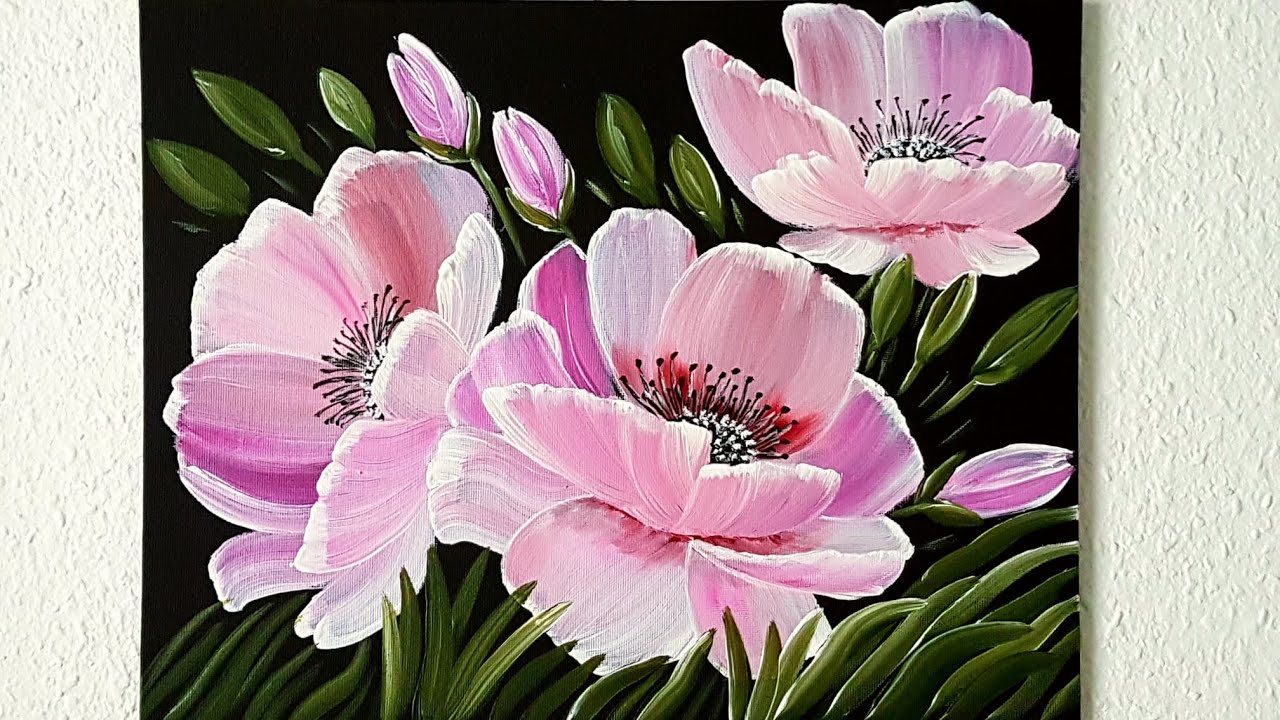 Blumen Malen Acryl Schwarze Leinwand Anfänger - Flowers Acrylic Painting on Black Canvas Beginners