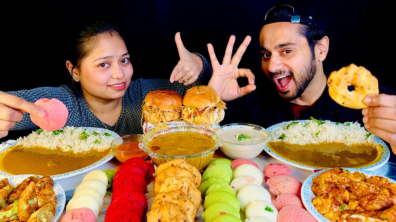 Eating 4 type idli, Vadda, Momo, Burger & Sambhar Rice | Mukbang 